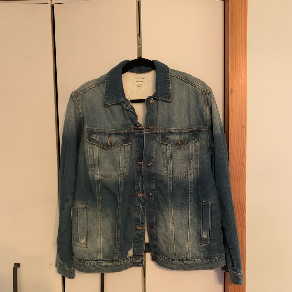 Sneak Peek Shearling Lined Distressed Jean Jacket